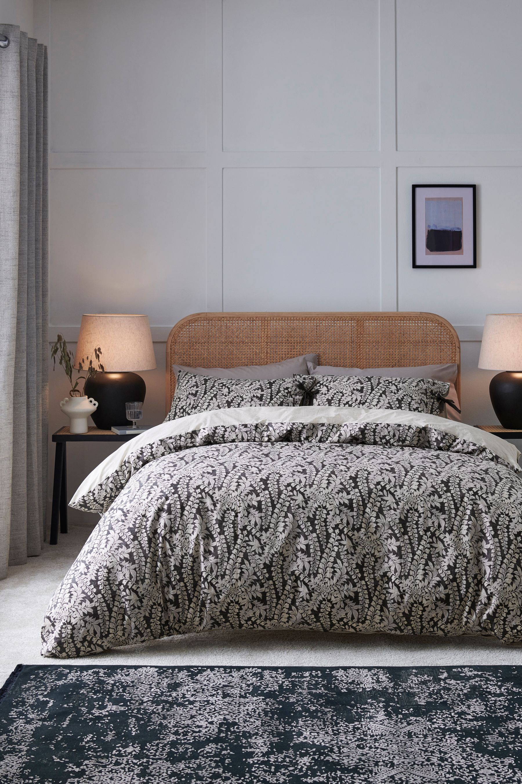 Monochrome Woodblock Reversible 100 Cotton Duvet Cover and Pillowcase Set