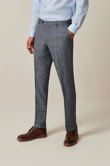 Blue Slim Tailored Fit Trimmed Check Suit Trousers