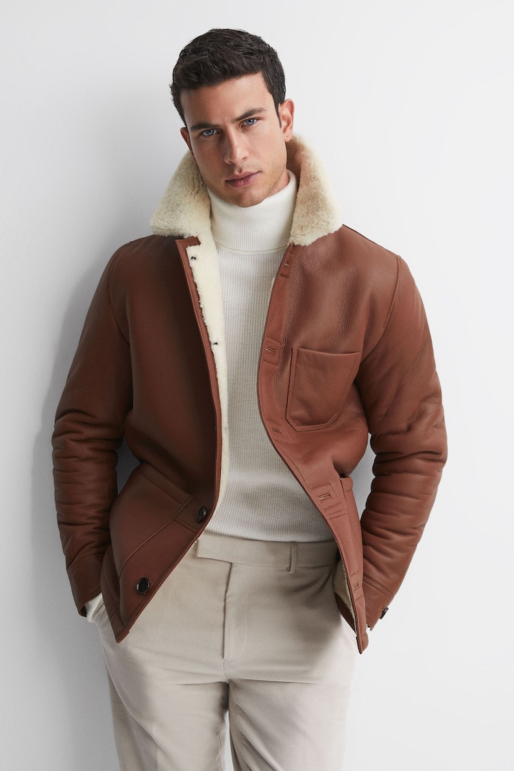 Reiss Brown Atlanta Leather Shearling Button-Through Jacket - Image 1 of 6