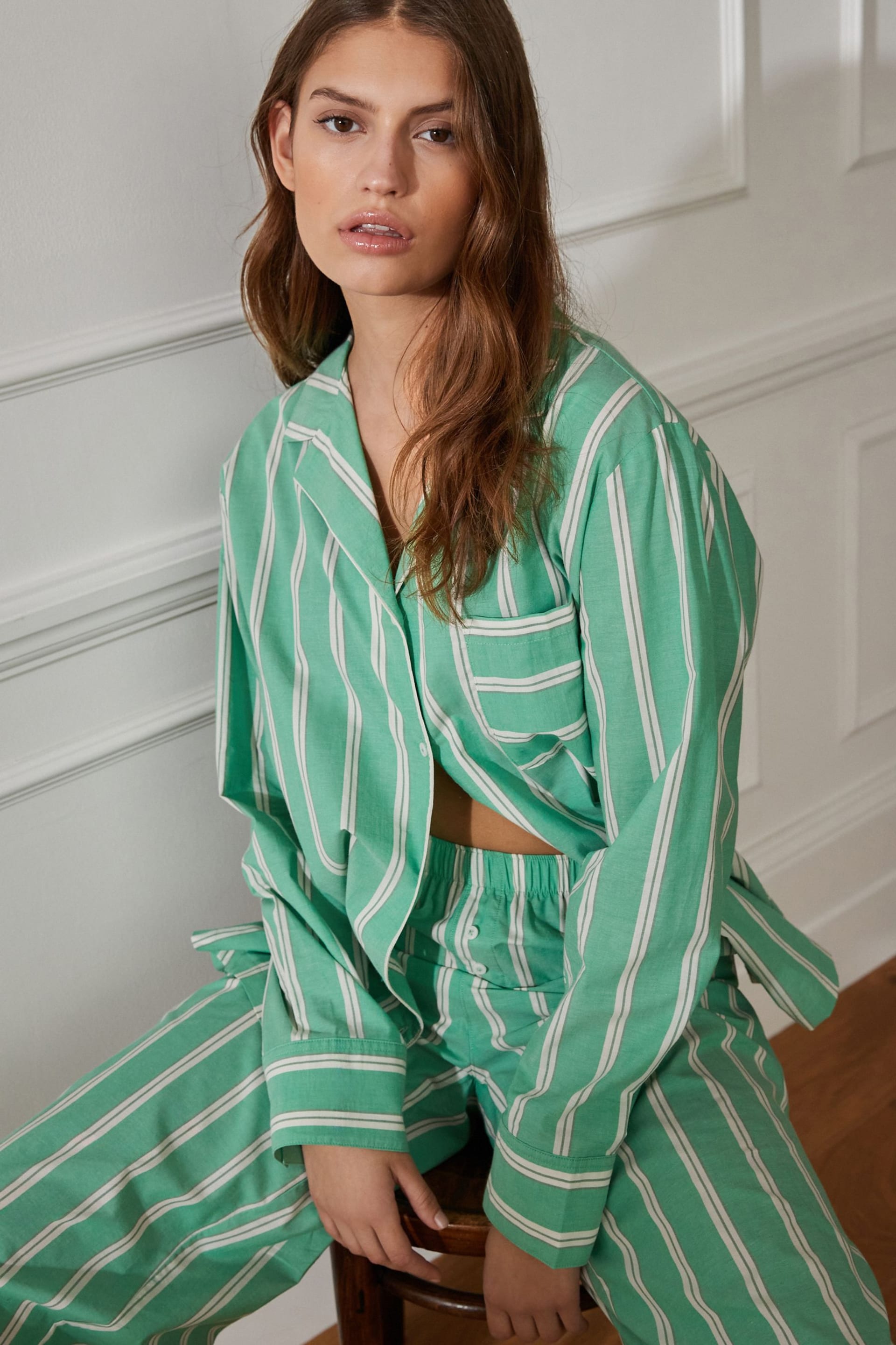 Green Stripe Button Through Cotton Pyjamas - Image 2 of 10