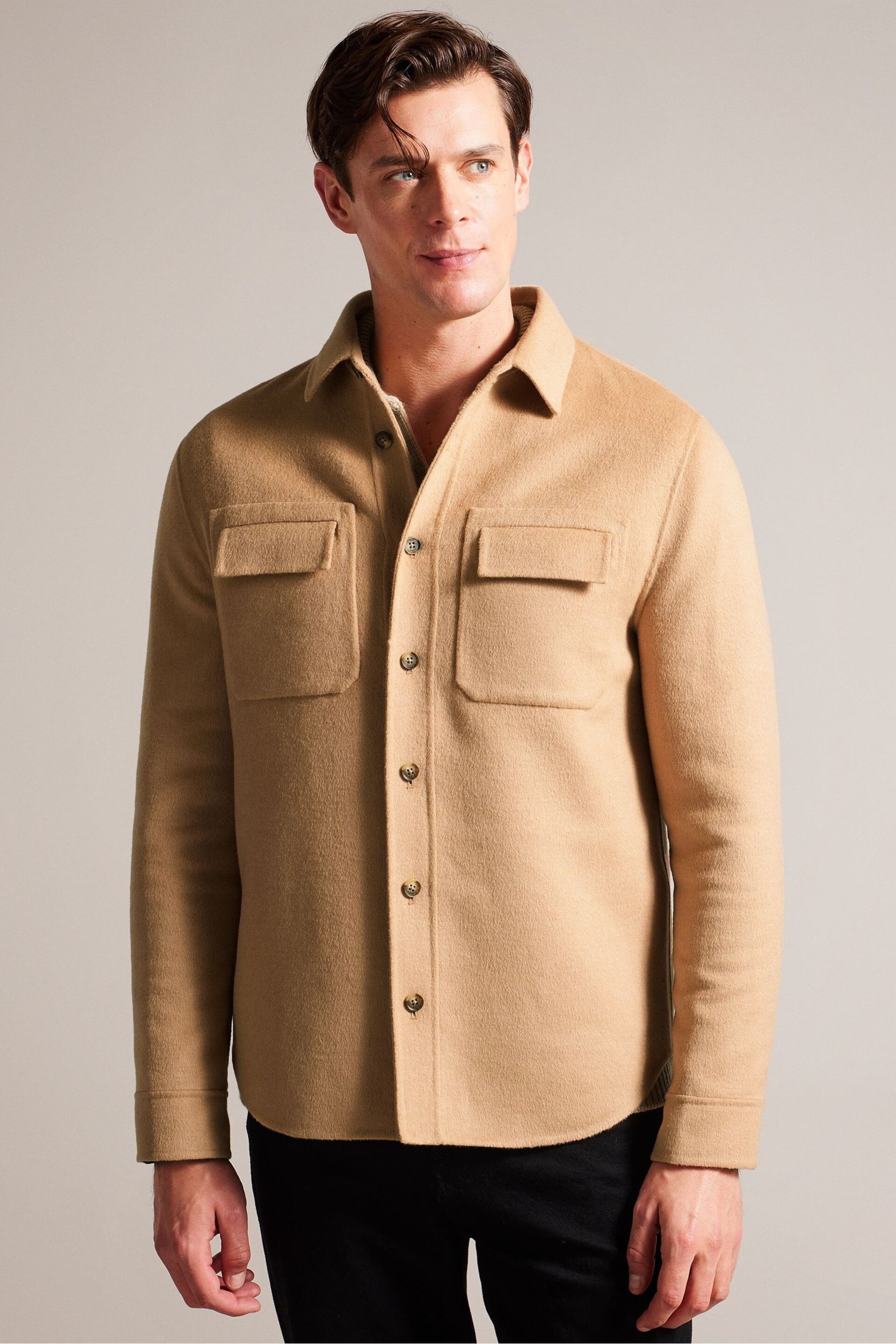 Ted Baker Natural Dalch Long Sleeve Splittable Wool Shirt - Image 1 of 6