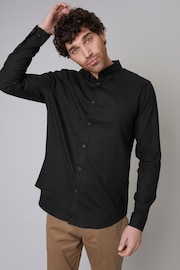 Threadbare Black Linen Blend Long Sleeve Shirt - Image 1 of 4