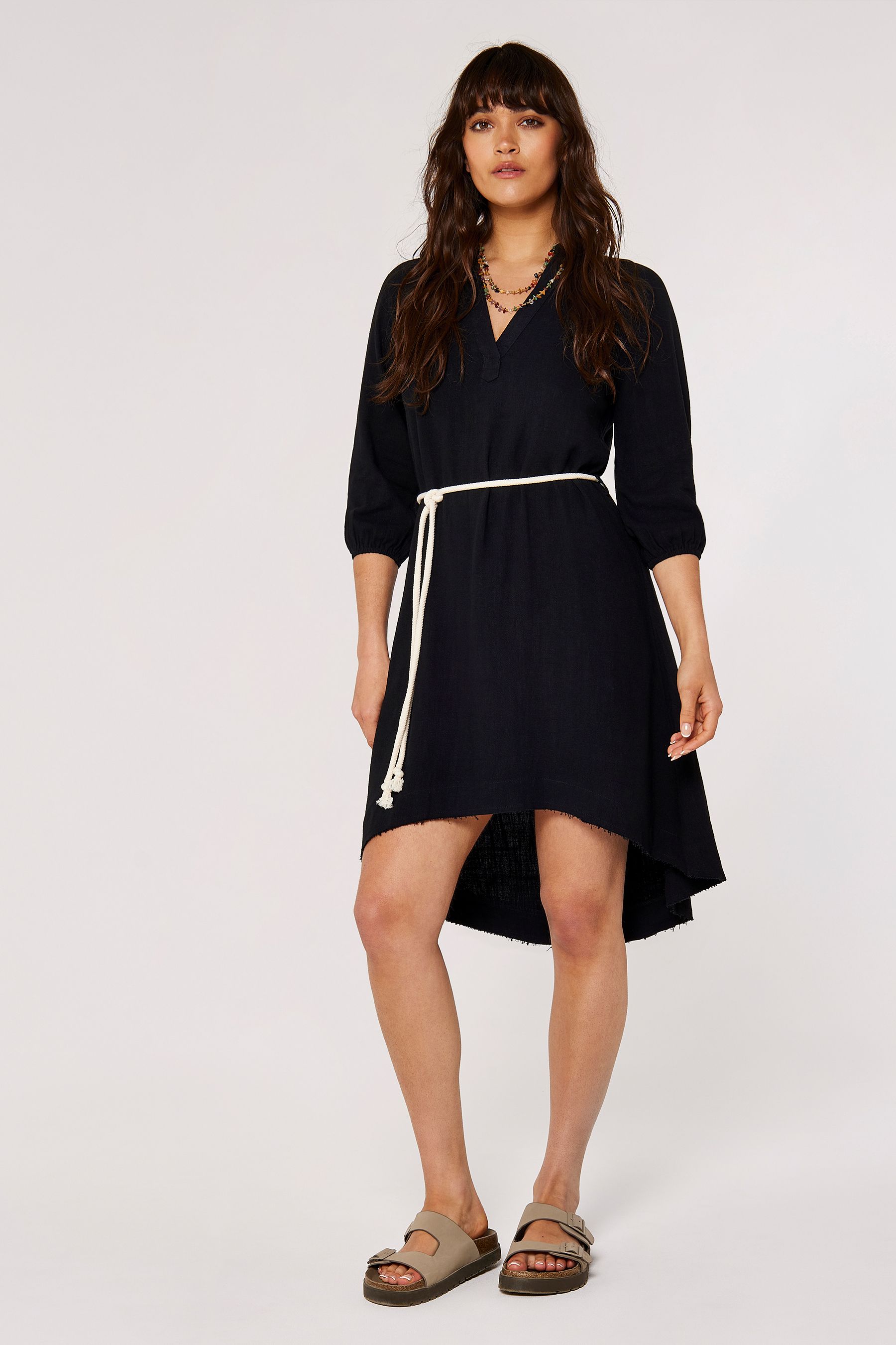 Buy Apricot Black Touch of Linen Cotton V neck Rope Belt Dress