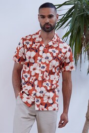 Threadbare Orange Short Sleeve Floral Print Cotton Shirt - Image 1 of 5