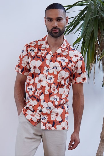 Threadbare Orange Short Sleeve Floral Print Cotton Shirt