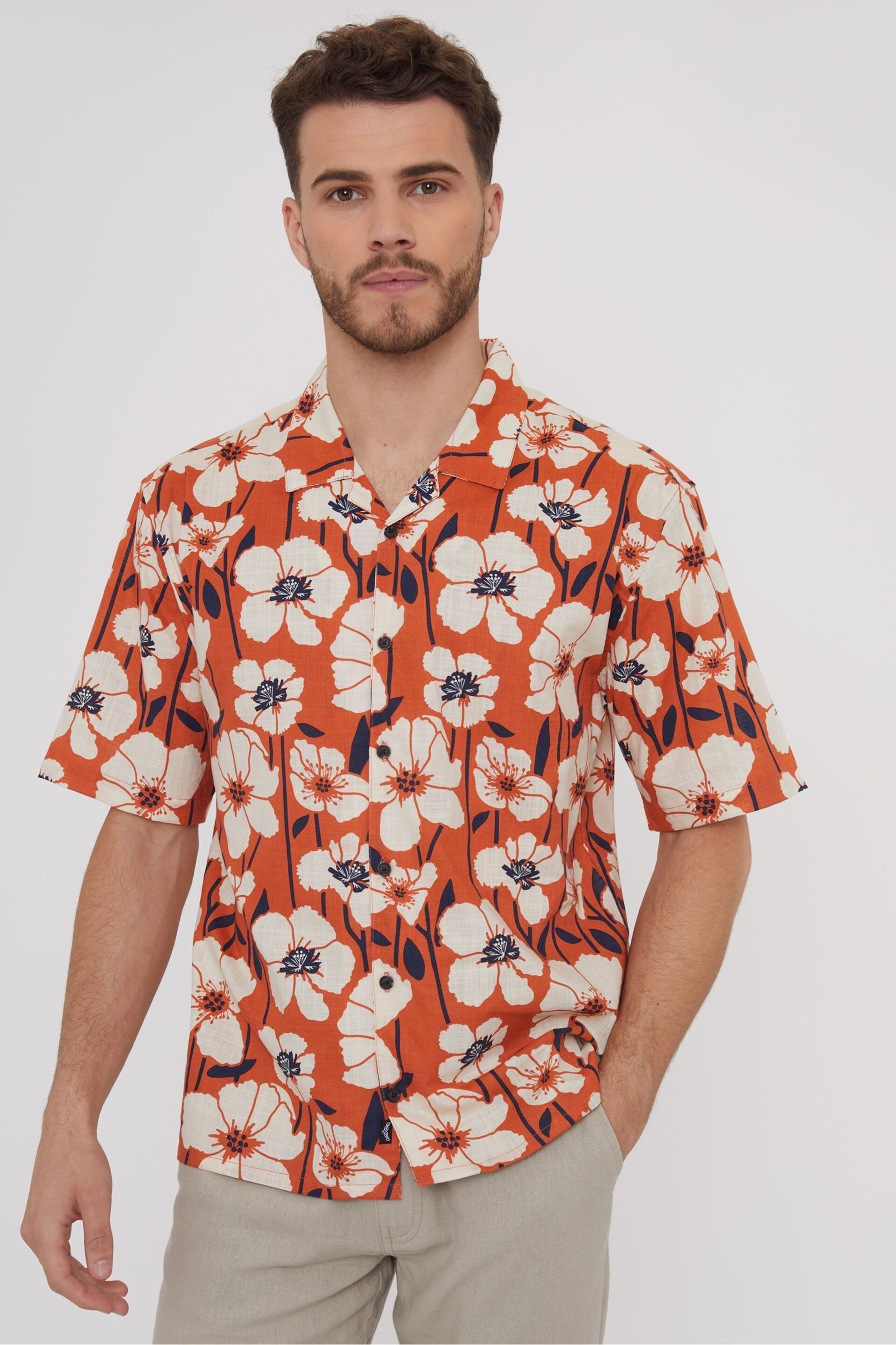 Threadbare Orange Short Sleeve Floral Print Cotton Shirt - Image 2 of 5