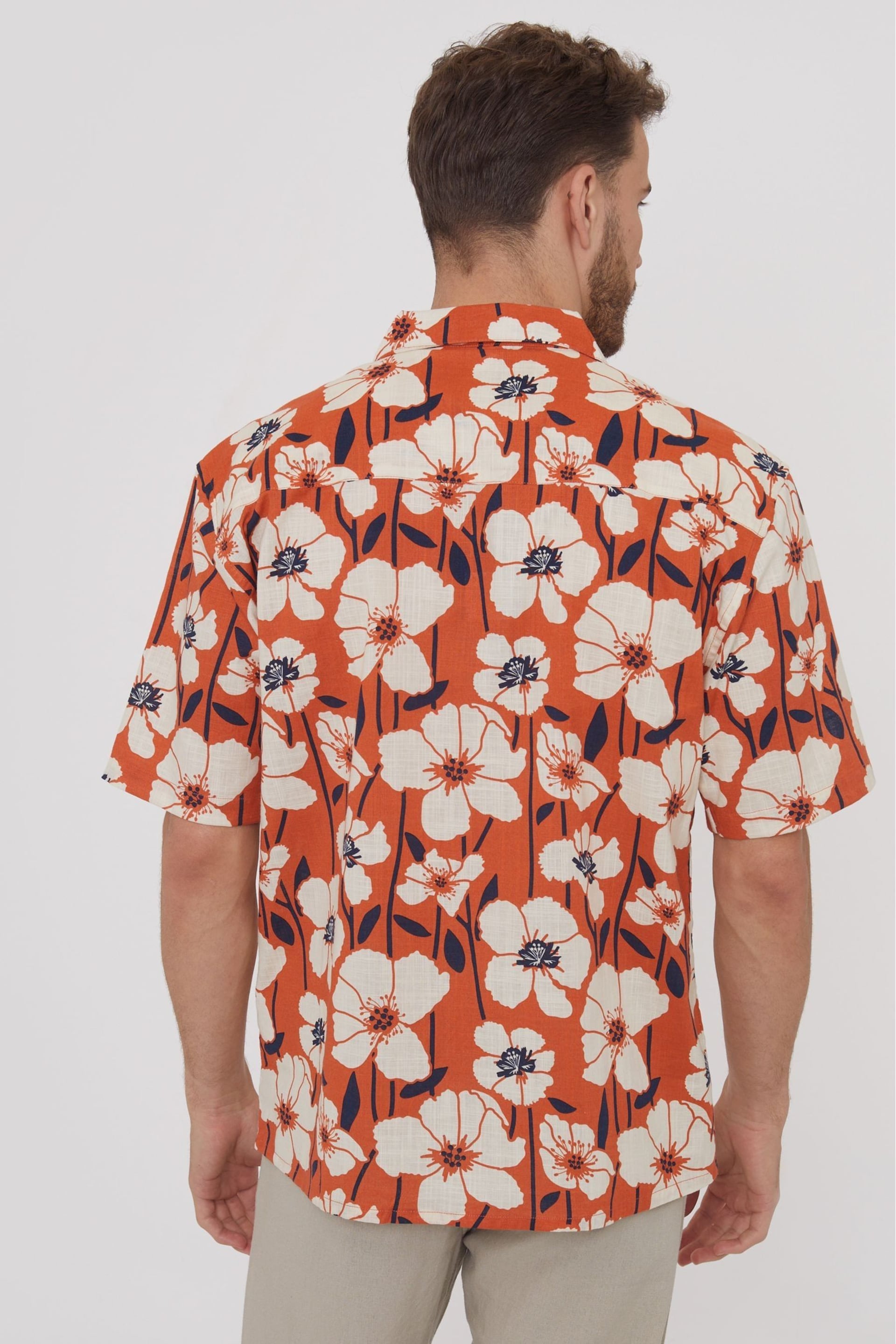 Threadbare Orange Short Sleeve Floral Print Cotton Shirt - Image 3 of 5