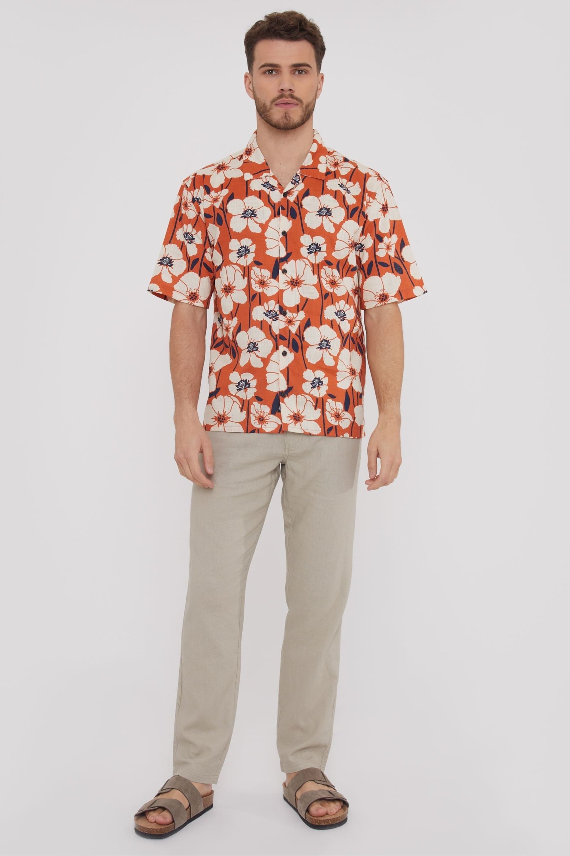 Threadbare Orange Short Sleeve Floral Print Cotton Shirt - Image 4 of 5