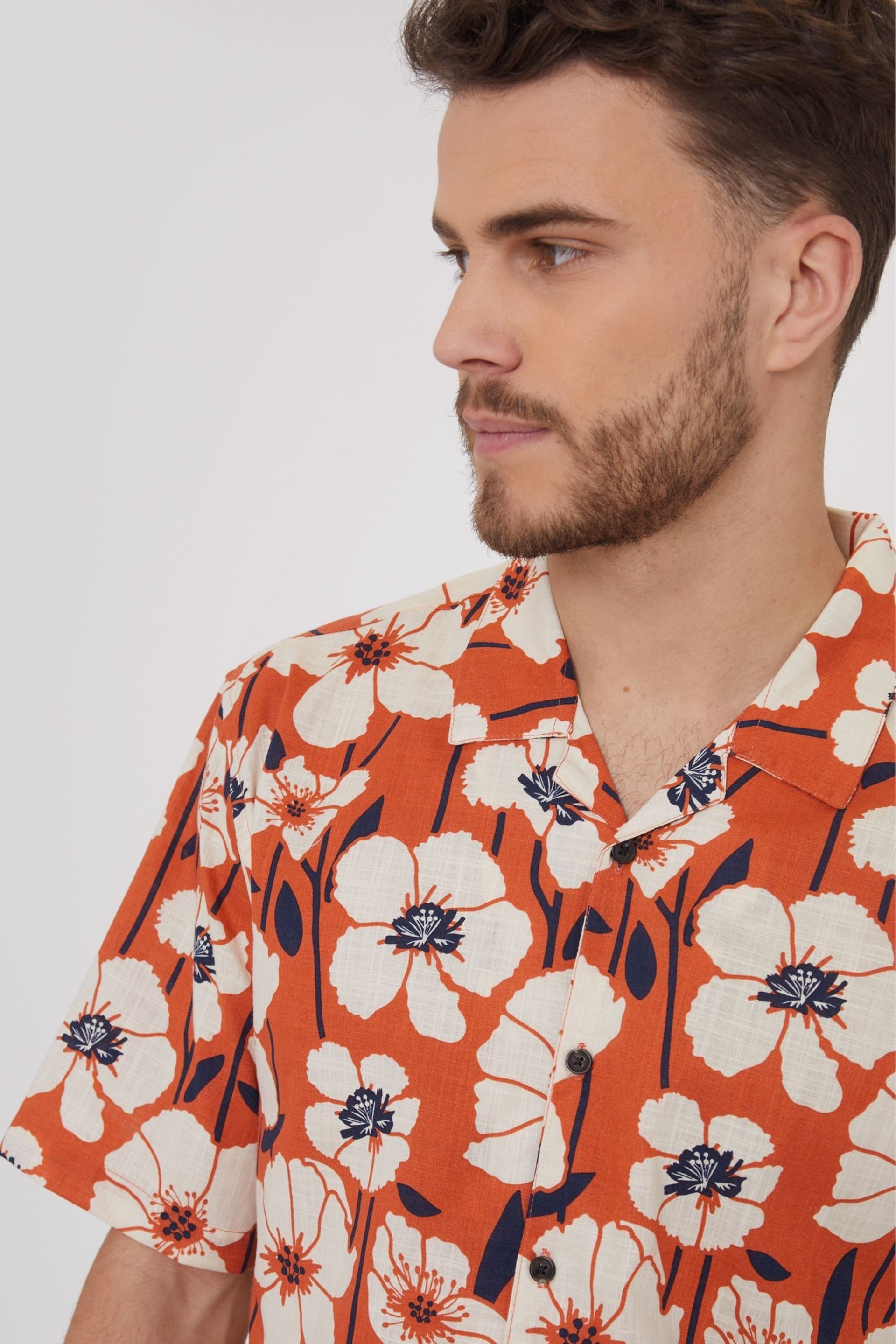 Threadbare Orange Short Sleeve Floral Print Cotton Shirt - Image 5 of 5