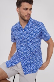 Threadbare Bright Blue Short Sleeve Floral Print Cotton Shirt - Image 1 of 5