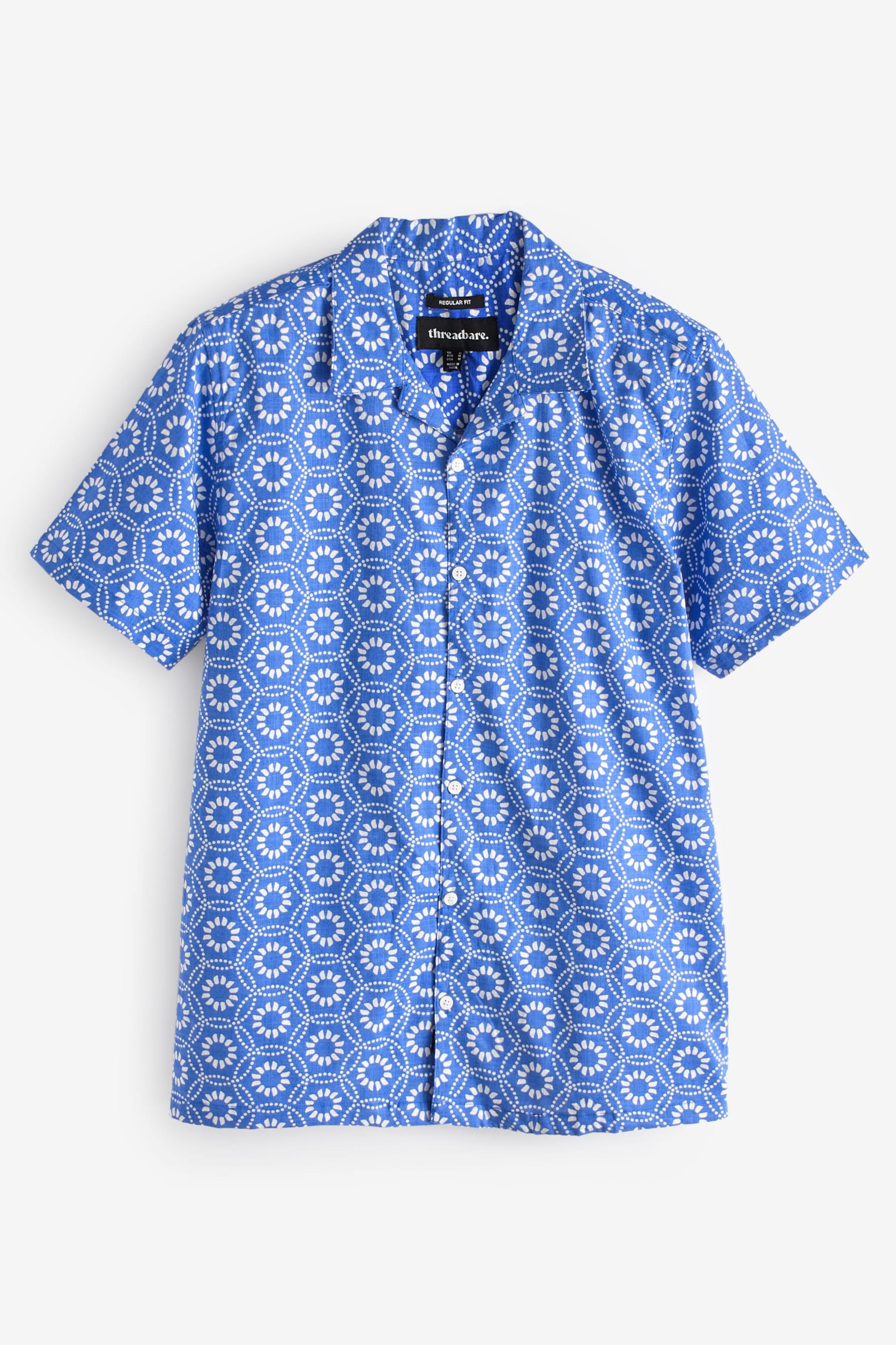 Threadbare Bright Blue Short Sleeve Floral Print Cotton Shirt - Image 5 of 5