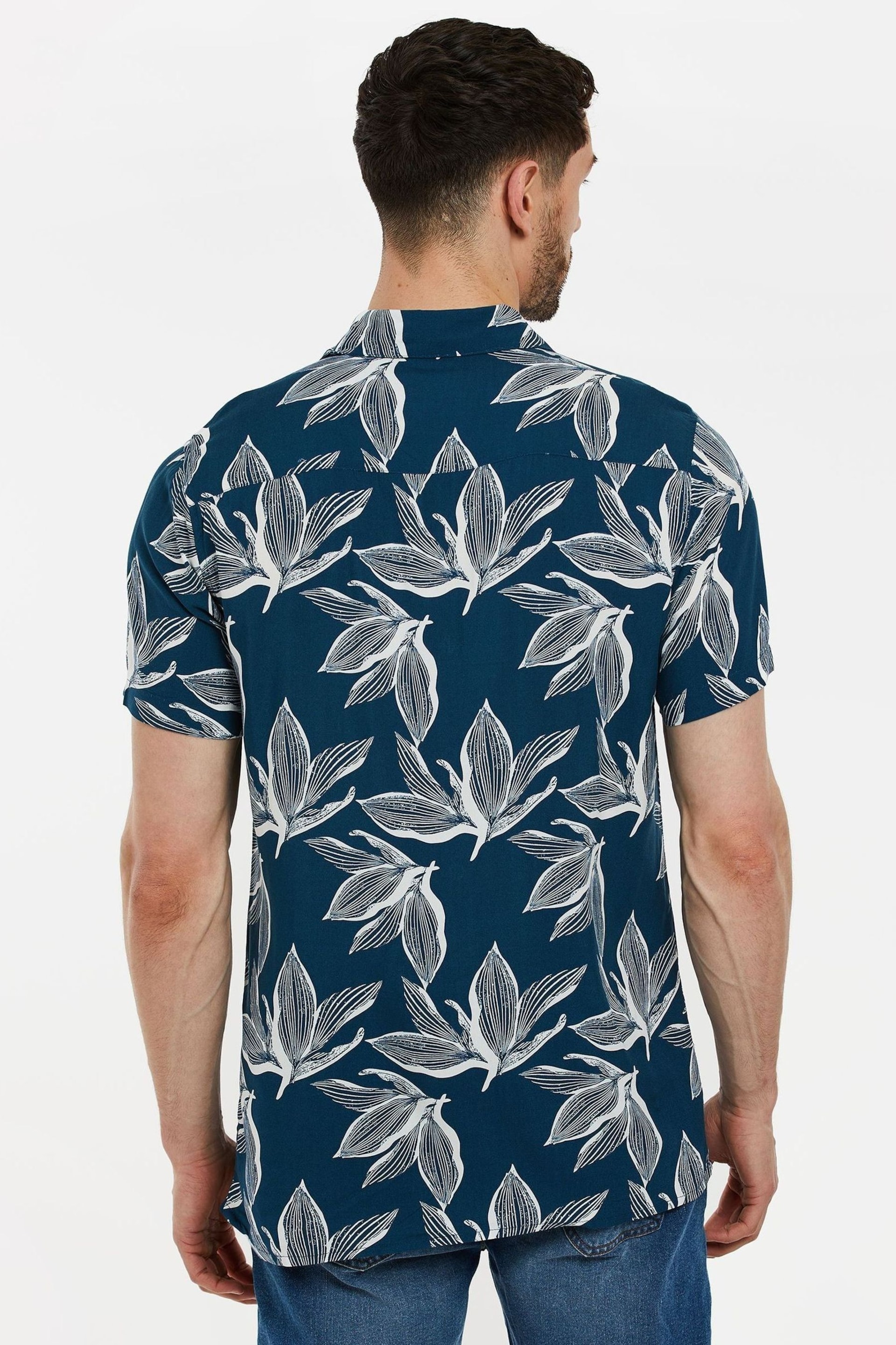 Threadbare Navy Blue Cotton Tropical Print Short Sleeve Shirt - Image 2 of 6