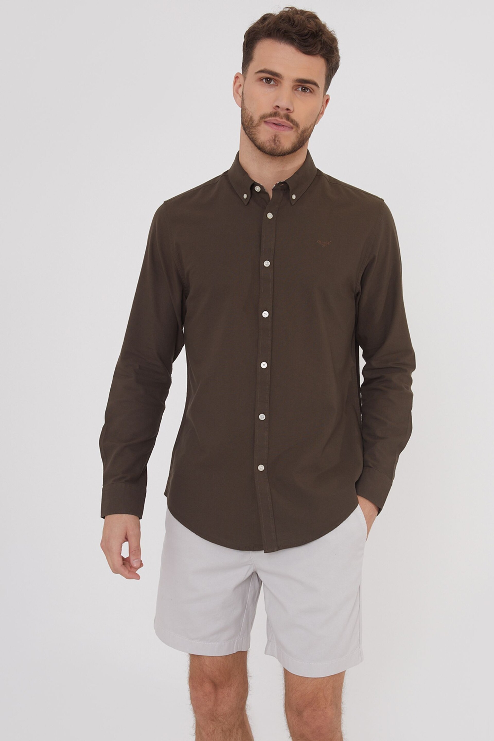 Threadbare Chocolate Oxford Cotton Long Sleeve Shirt - Image 3 of 4