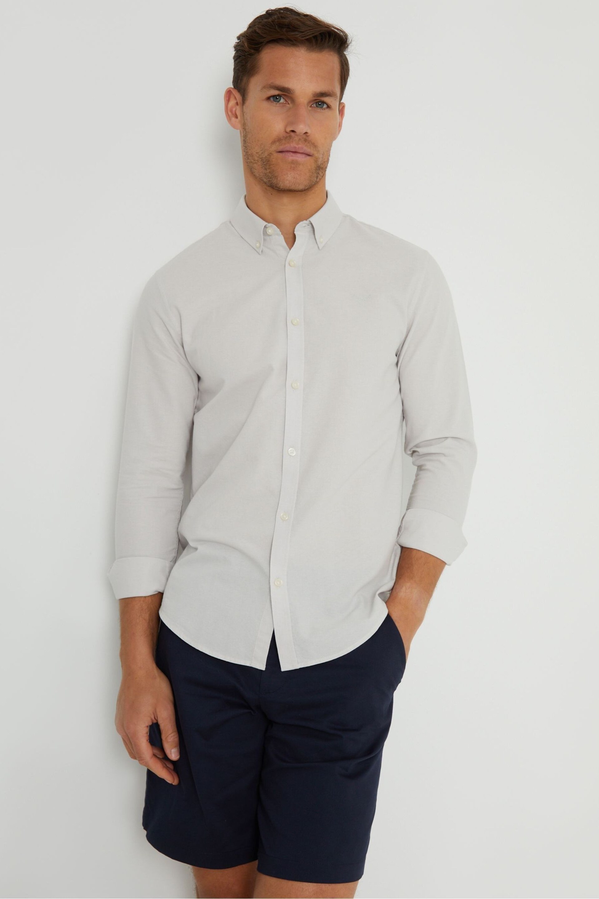 Threadbare Ecru Oxford Cotton Long Sleeve Shirt - Image 1 of 5