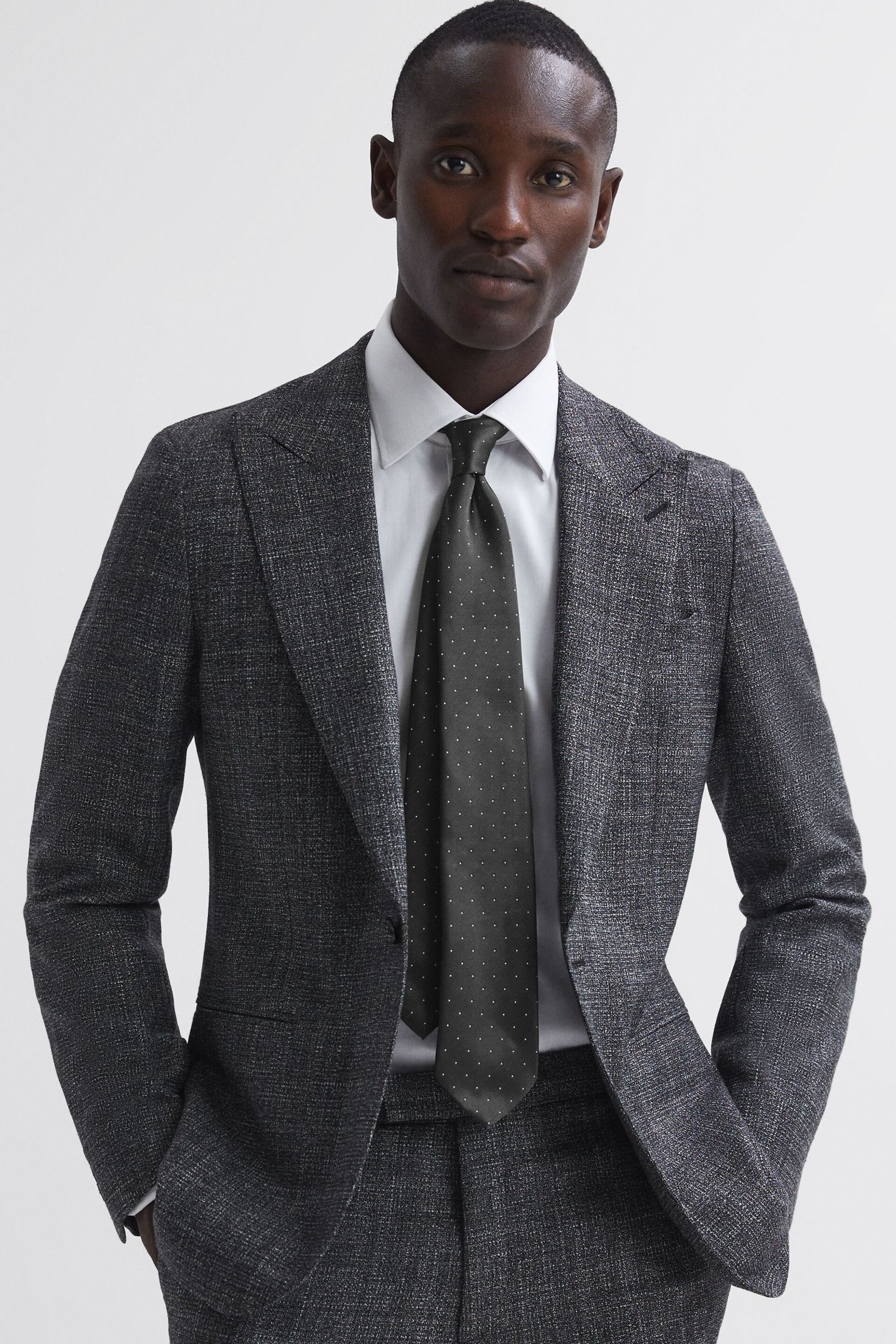 Reiss Charcoal Liam Silk Polka Dot Tie - Image 2 of 5