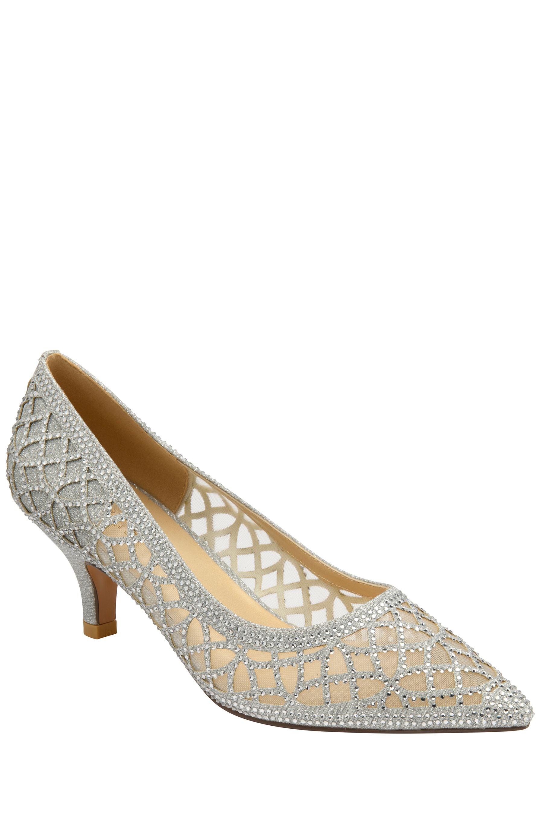 Silver court sales shoes kitten heel