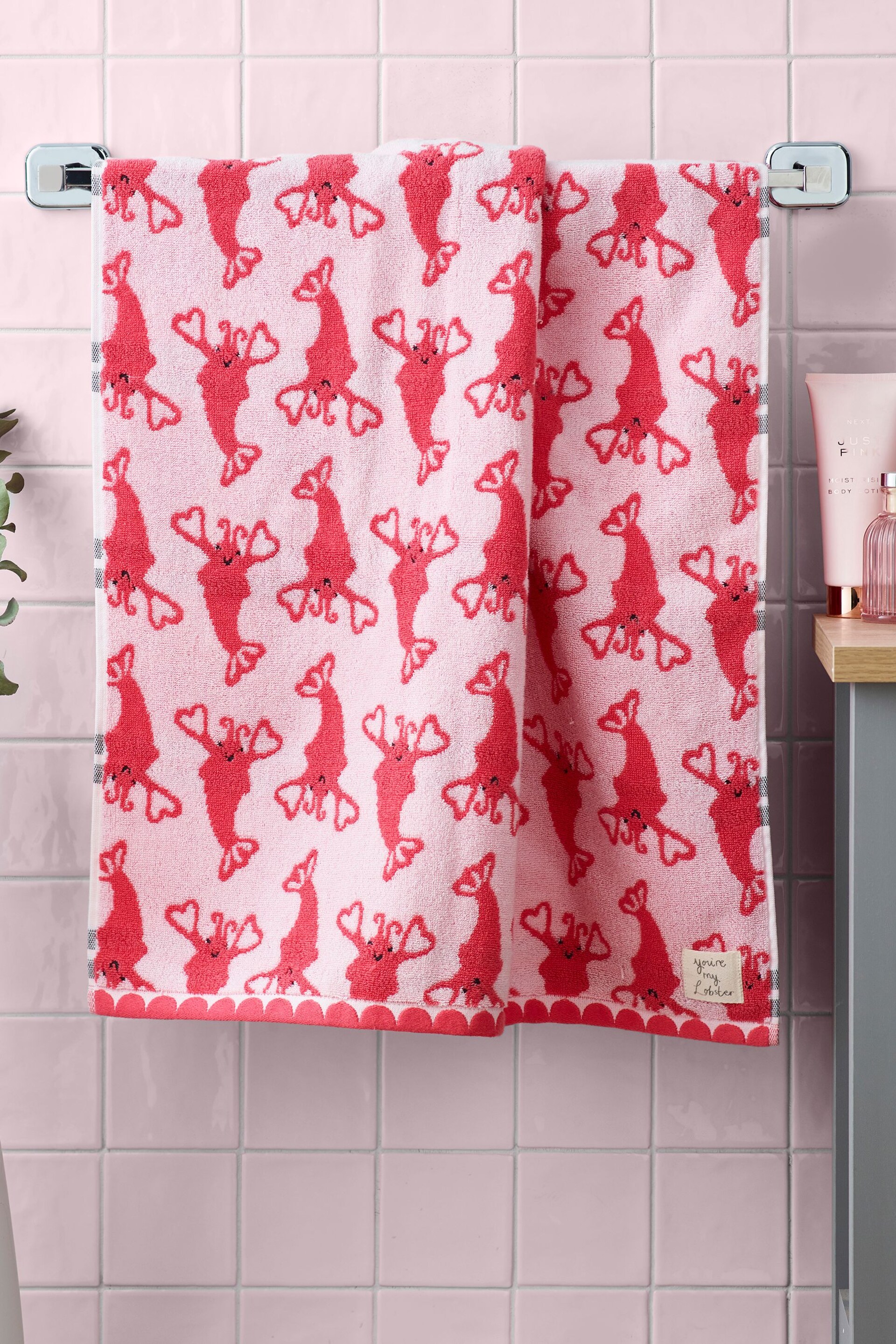 Pink Lobster Towel 100% Cotton - Image 1 of 4