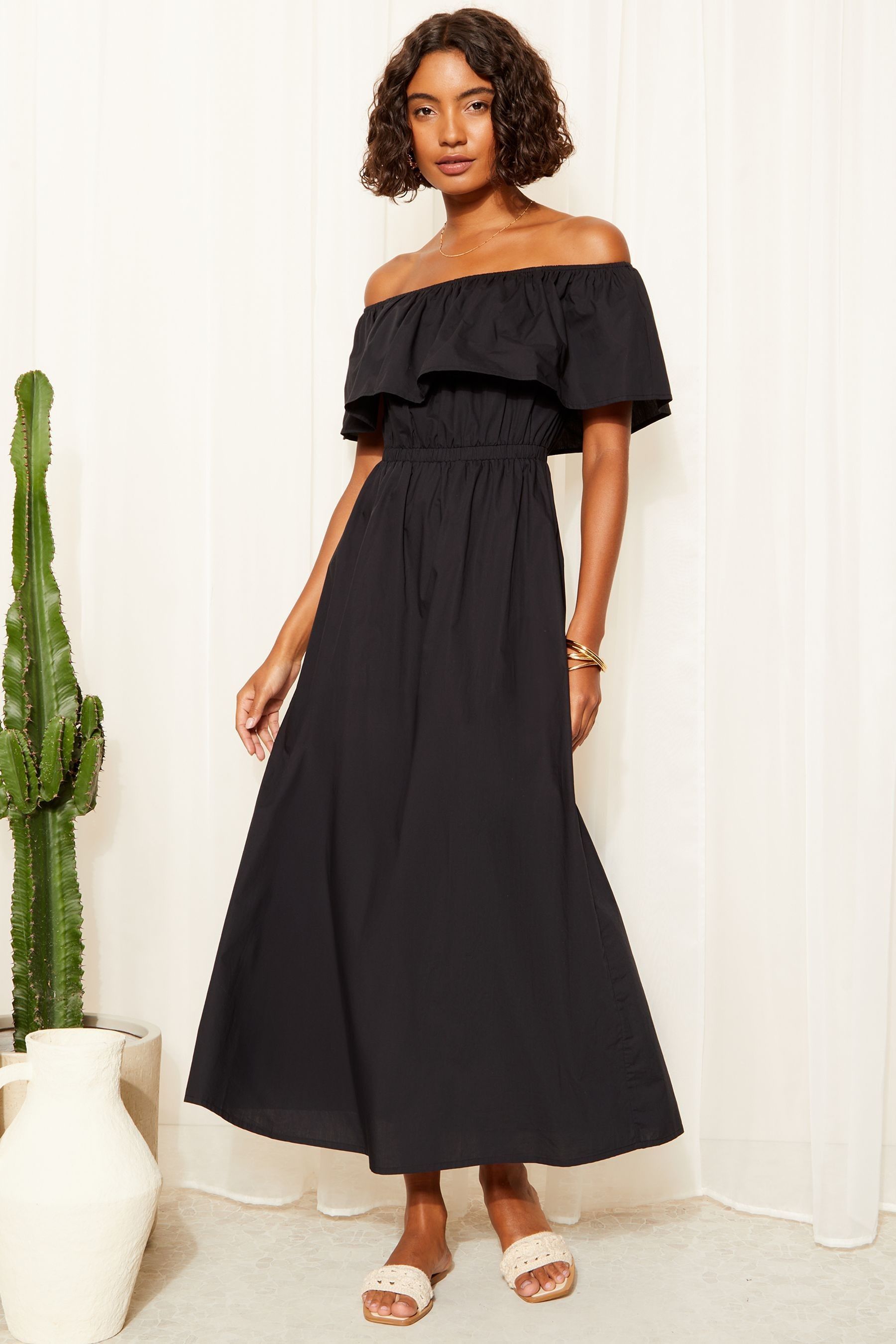 Buy Friends Like These Black Bardot Elasticated Cotton Poplin Midi Dress from the Next UK online shop