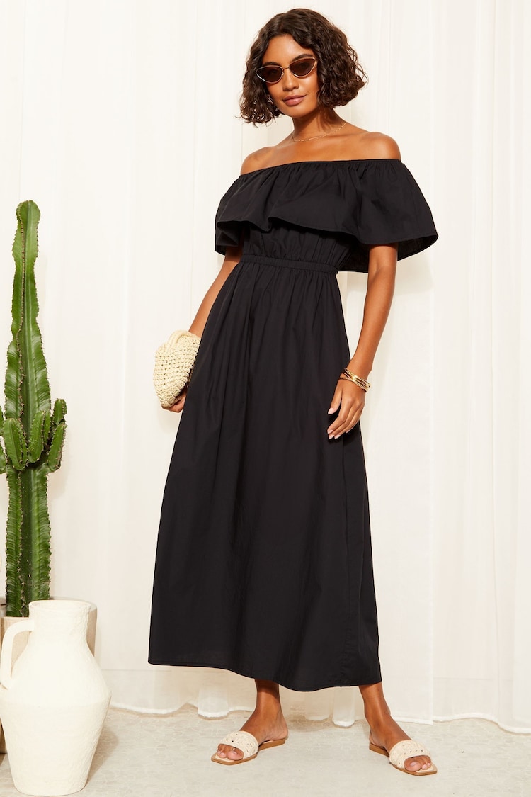 Friends Like These Black Petite Bardot Elasticated Cotton Poplin Midi Dress - Image 1 of 4