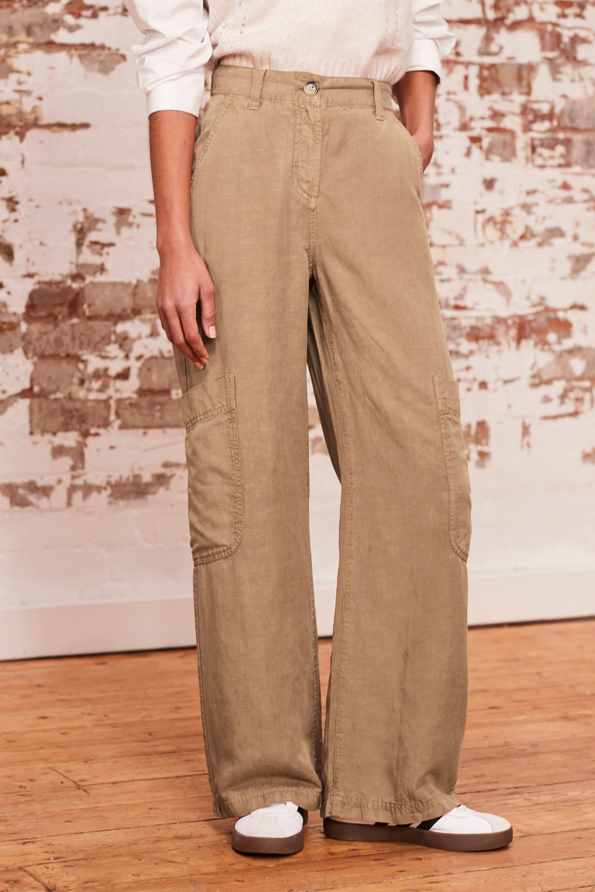 Camel Brown TENCEL™ Linen Blend Cargo Wide Leg Trousers - Image 3 of 7