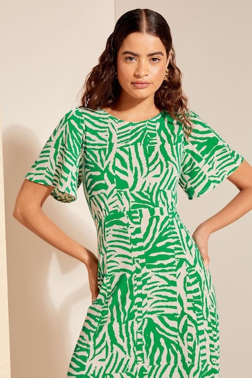 Friends Like These Green Zebra Flutter Sleeve Round Neck Midi Dress