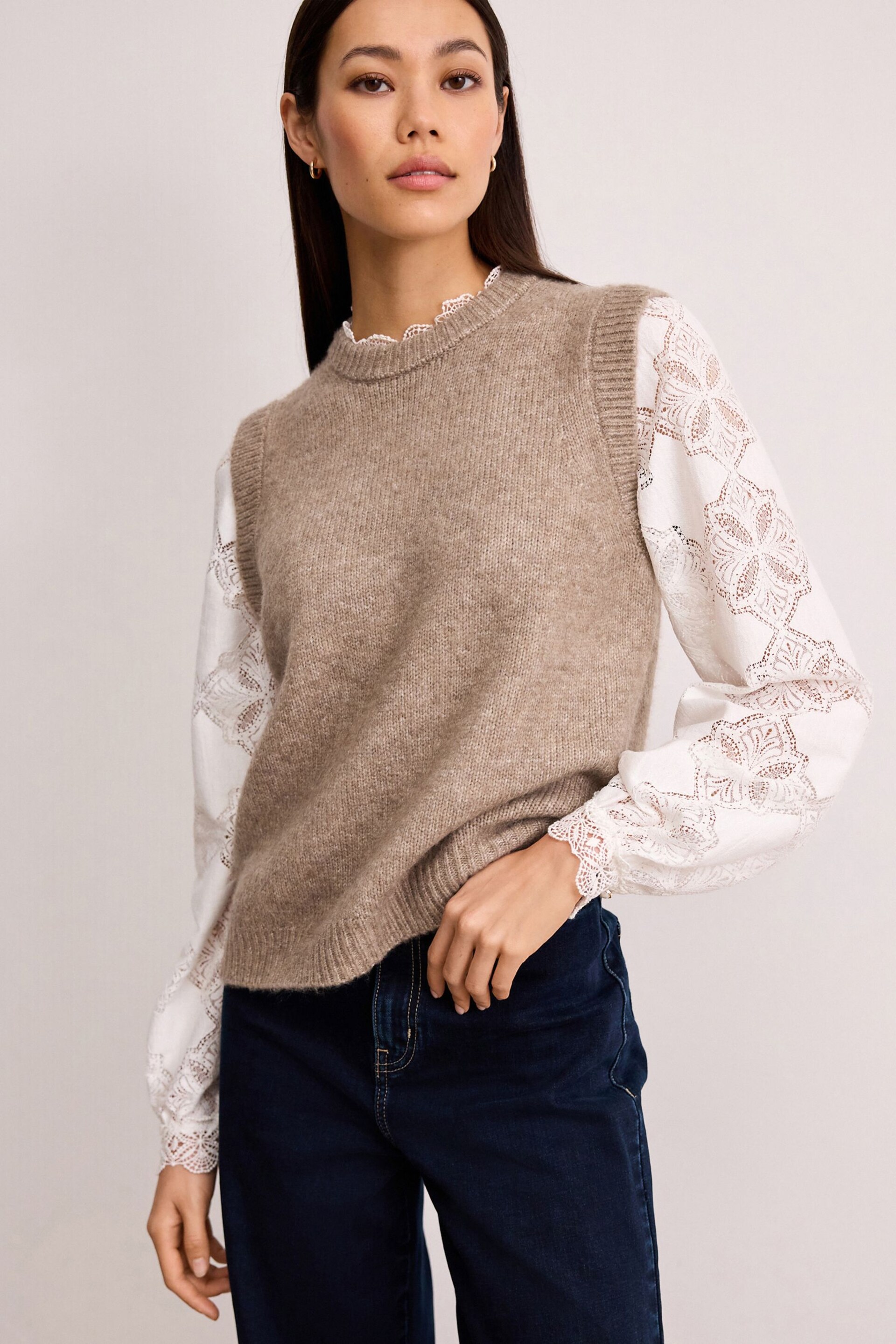 Neutral Brown Lace detail Woven Sleeve Layer Jumper - Image 1 of 6