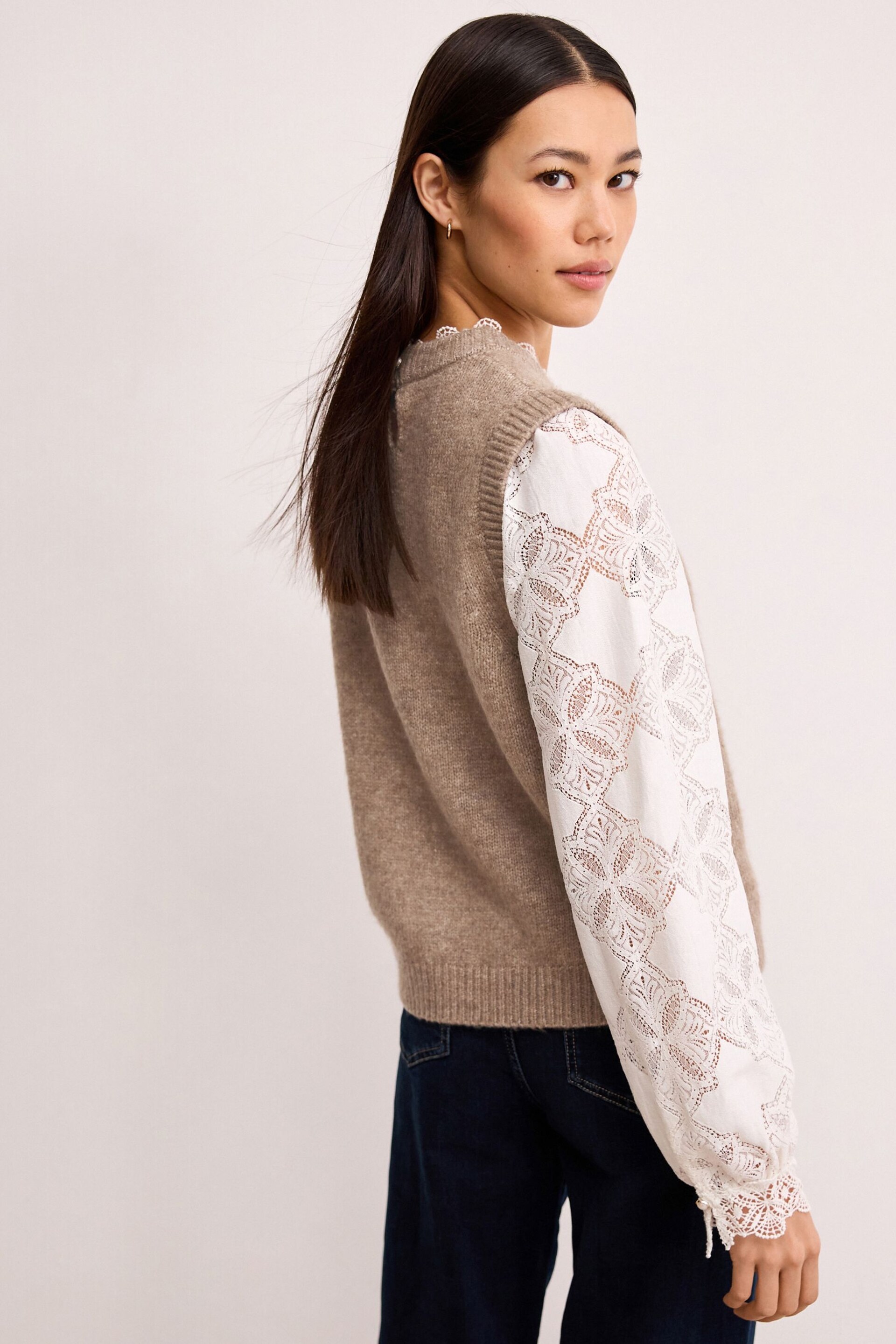 Neutral Brown Lace detail Woven Sleeve Layer Jumper - Image 3 of 6
