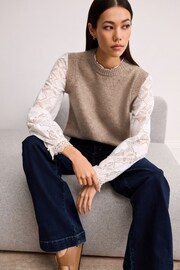 Neutral Brown Lace detail Woven Sleeve Layer Jumper - Image 4 of 6