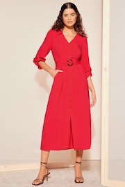 Friends Like These Red Buckle Belted V Neck Midi Shirt Dress - Image 1 of 4