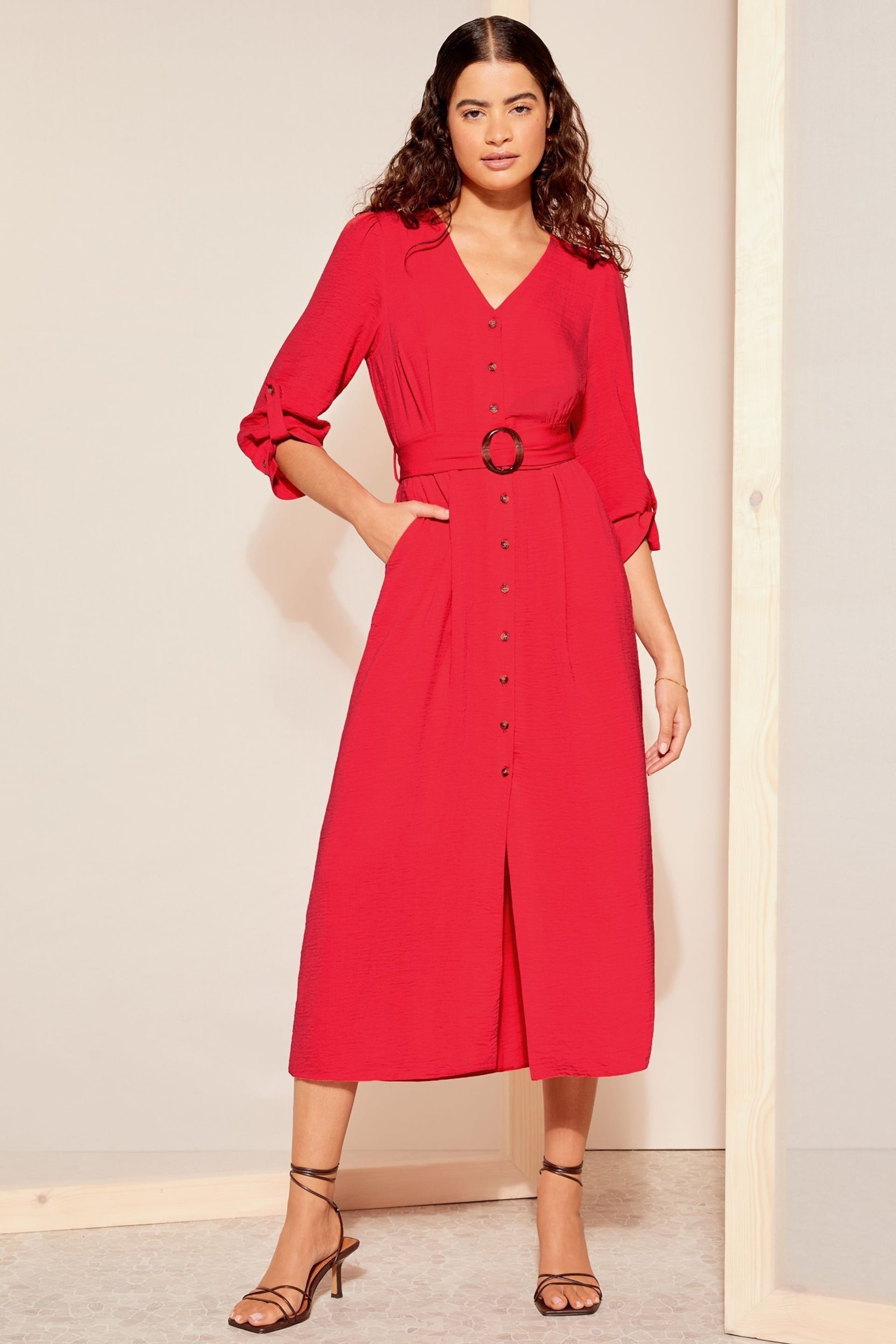 Friends Like These Red Buckle Belted V Neck Midi Shirt Dress - Image 1 of 4