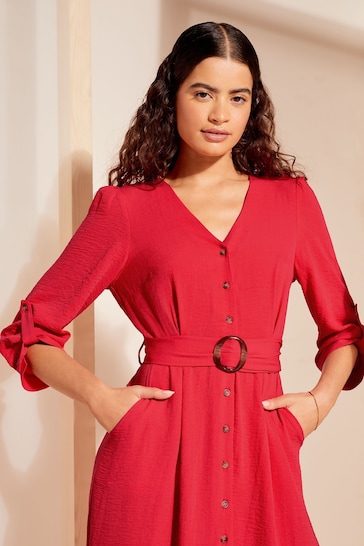 Friends Like These Red Buckle Belted V Neck Midi Shirt Dress