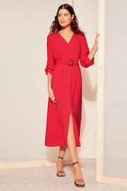 Friends Like These Red Buckle Belted V Neck Midi Shirt Dress - Image 3 of 4