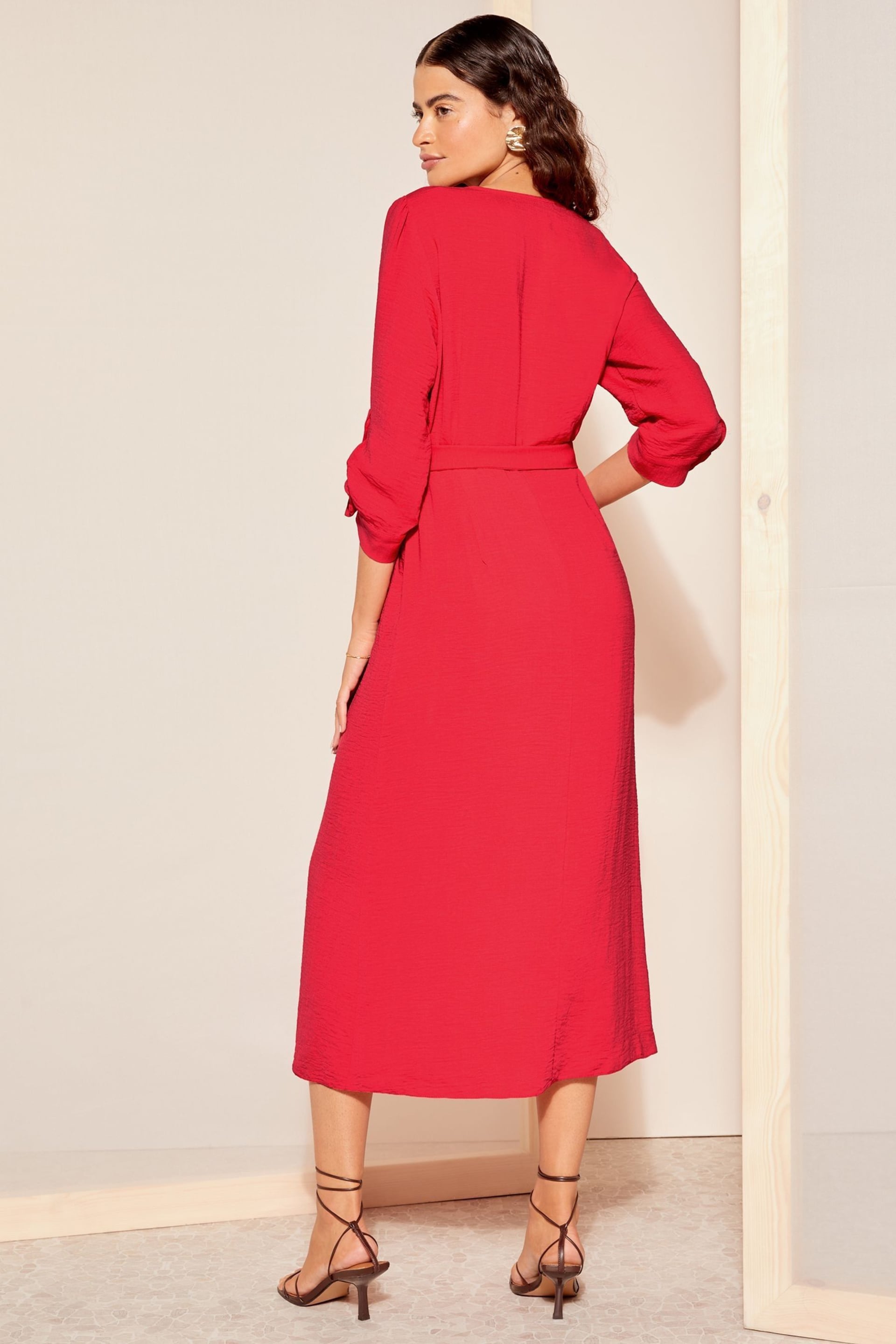 Friends Like These Red Buckle Belted V Neck Midi Shirt Dress - Image 4 of 4