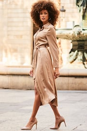 Sosandar Brown Satin Belted Shirt Dress - Image 3 of 5