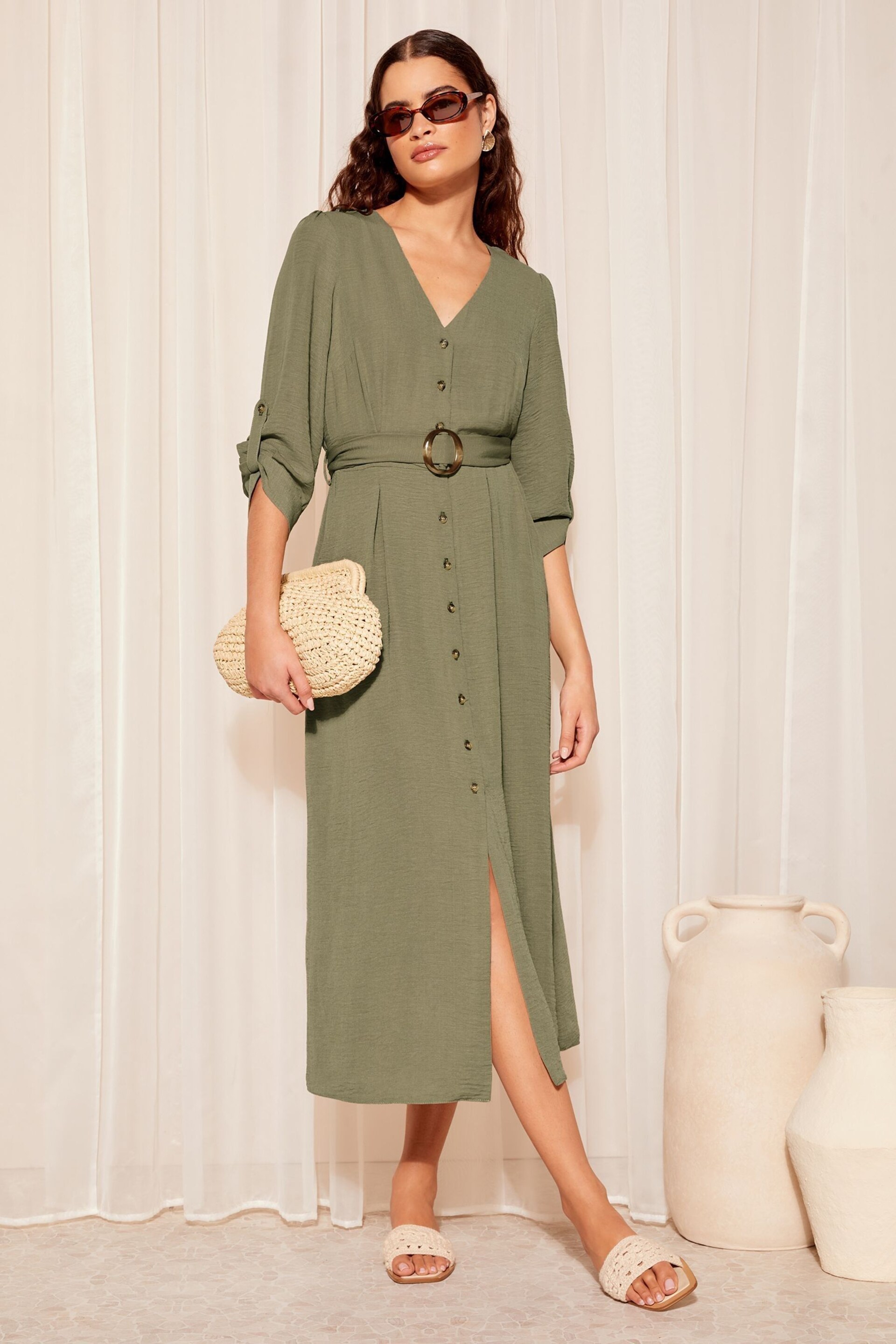 Friends Like These Khaki Green Buckle Belted V Neck Midi Shirt Dress - Image 1 of 4