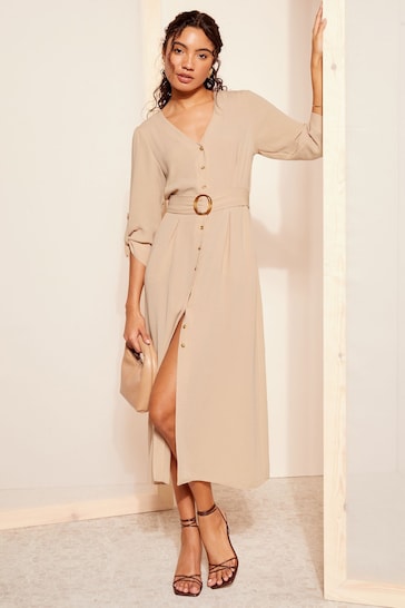 Friends Like These Cream Buckle Belted V Neck Midi Shirt Dress