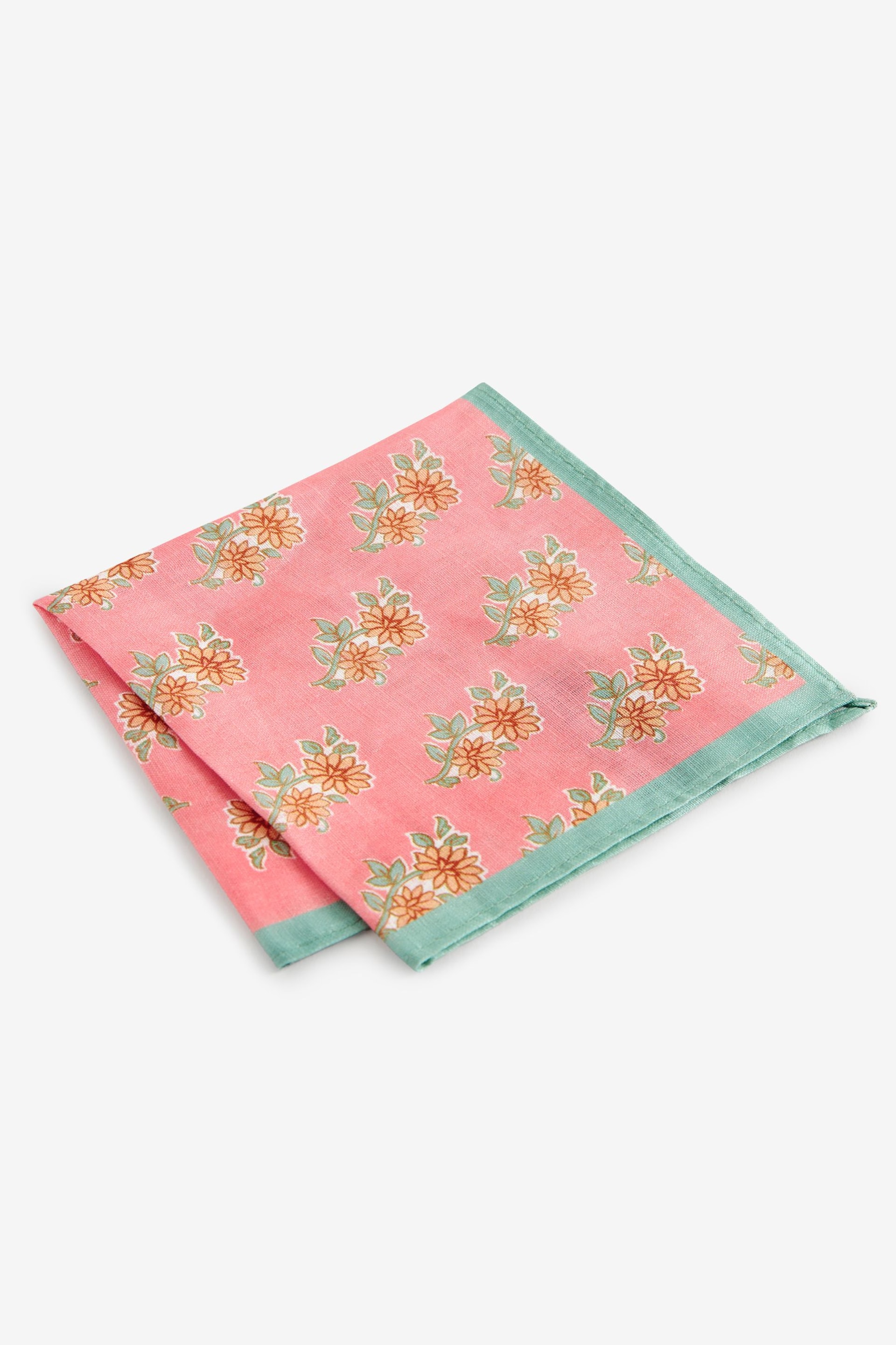 Seafoam Green/Pink Block Print Floral Linen Pocket Square - Image 1 of 3