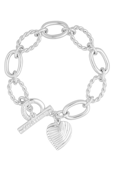 Lipsy Jewellery Silver Tone Textured Heart Charm T-Bar Gift Boxed Bracelet