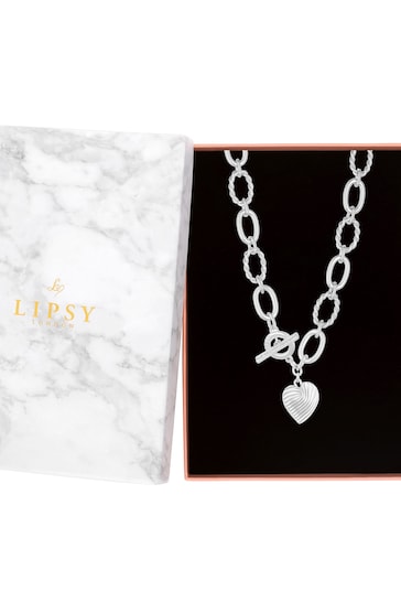 Lipsy Jewellery Silver Tone Textured Heart Charm Gift Boxed T-Bar Necklace