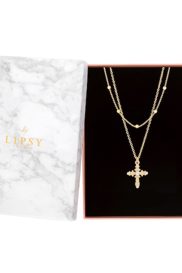 Lipsy Jewellery Gold Tone Layered Cross Pendant Necklace - Gift Boxed