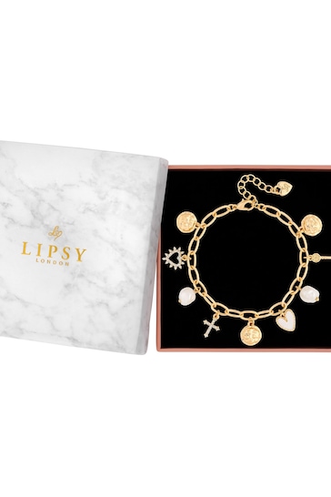 Lipsy Jewellery Gold Tone Pearl Talisman Charm Gift Boxed Bracelet