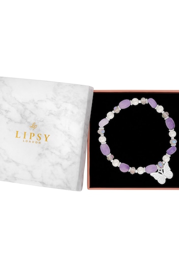 Lipsy Jewellery Silver Tone Beaded Charm Butterfly Bracelet - Gift Boxed