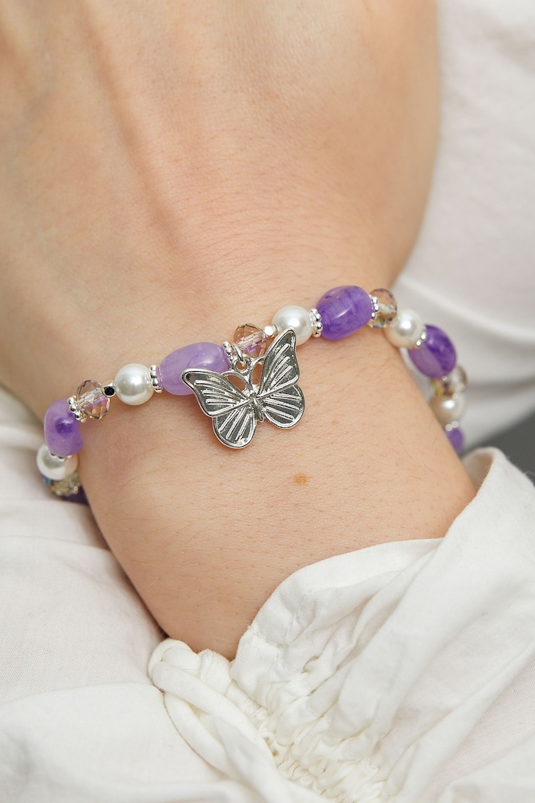 Lipsy Jewellery Silver Tone Beaded Charm Butterfly Bracelet - Gift Boxed - Image 4 of 4