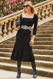 Sosandar Black Square Neck Twist Waist Fit N Flare Dress - Image 3 of 5