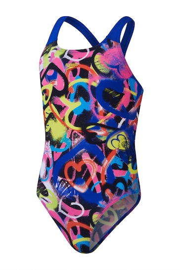 Speedo Girls Blue Digital Allover Powerback Swimsuit