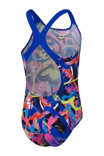 Speedo Girls Blue Digital Allover Powerback Swimsuit