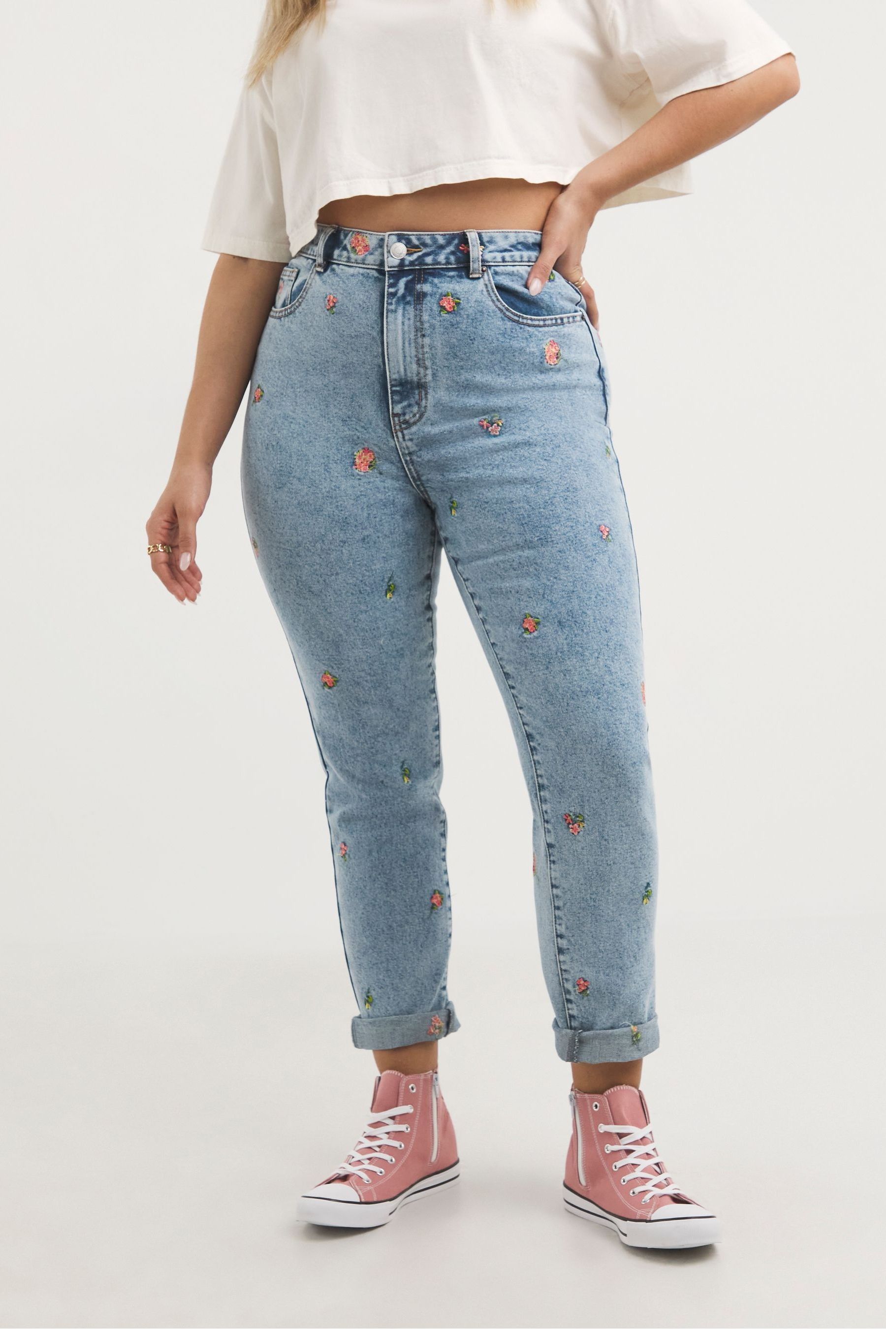 Buy Simply Be Blue Light Wash Floral Embroidered Slim Mom Jeans from Next Luxembourg