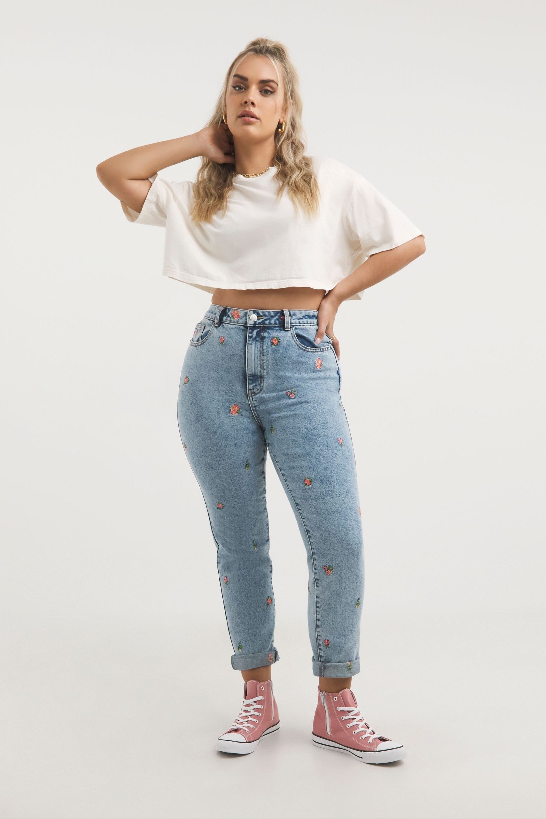 Buy Simply Be Blue Light Wash Floral Embroidered Slim Mom Jeans from Next Luxembourg