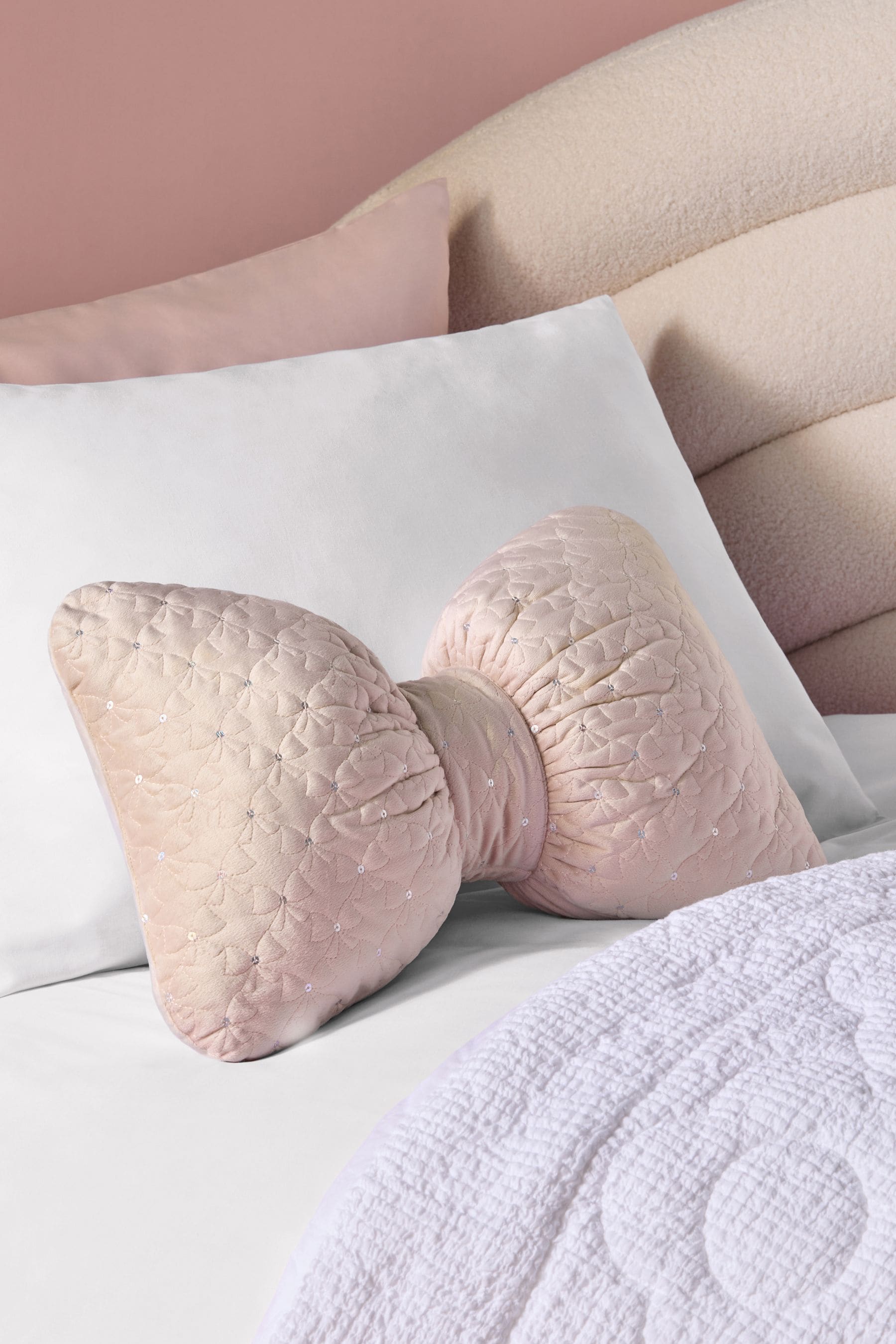 Pink Sequin Quilted Bow Cushion