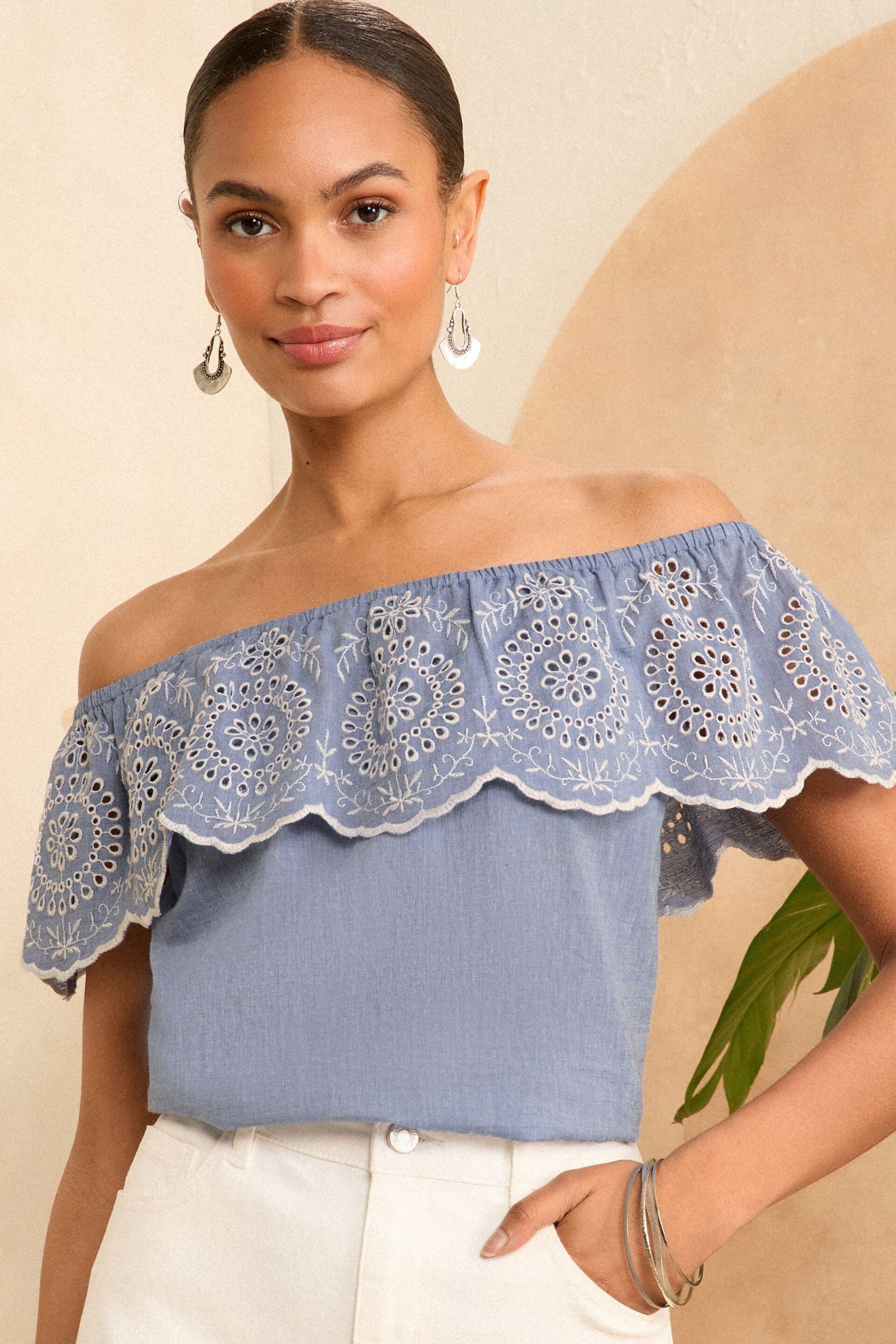 Love & Roses Blue Chambray Broderie Bardot Trim Detail Top - Image 1 of 4